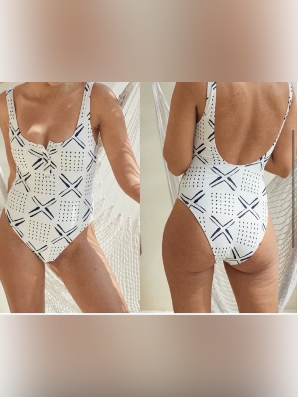 aerie White One-Piece Swimsuit with Navy Geometric Print